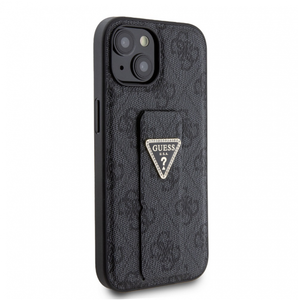 Iphone 15 Guess - Grip Ställfodral Pu 4g Metall Triangle Strass Logo - Svart