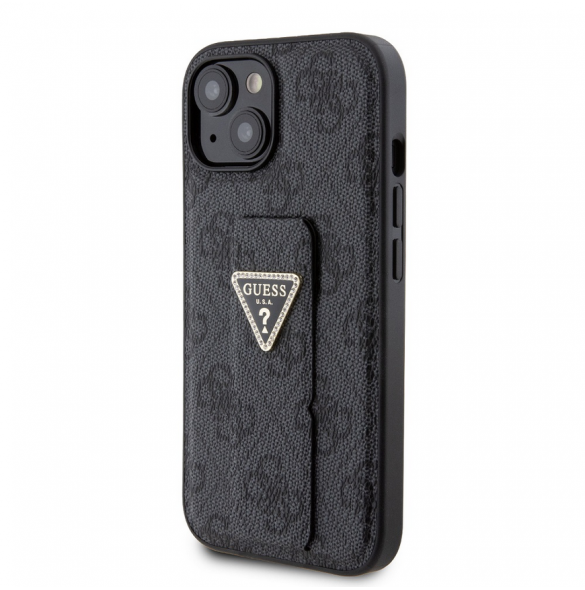 Iphone 15 Guess - Grip Ställfodral Pu 4g Metall Triangle Strass Logo - Svart