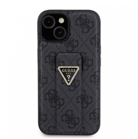Iphone 15 Guess - Grip Ställfodral Pu 4g Metall Triangle Strass Logo - Svart