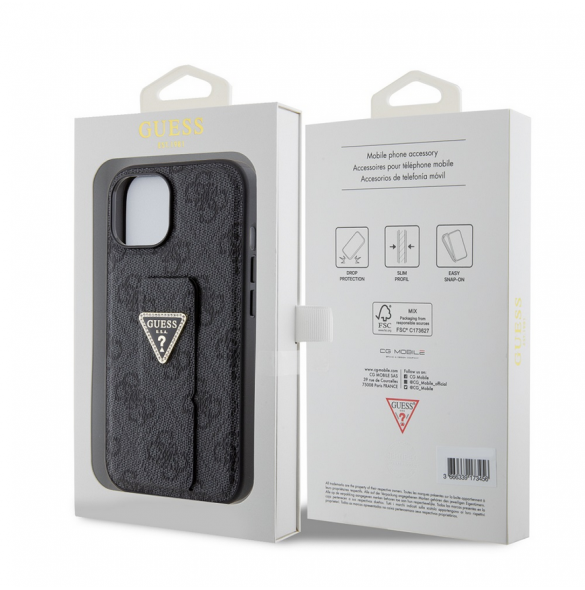 Iphone 15 Guess - Grip Ställfodral Pu 4g Metall Triangle Strass Logo - Svart