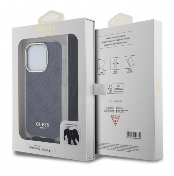Iphone 15 Pro Guess - Iml 4g Tryckt Crossbody Cover Cord - Svart
