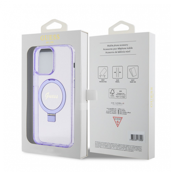 Iphone 15 Pro Max Guess - Iml Ringställ Funktion Magsafe-fodral Med Glitter - Lila
