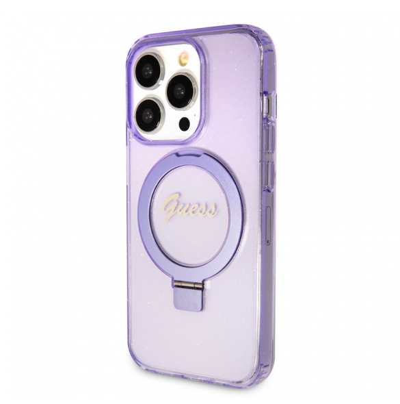 Iphone 15 Pro Guess - Iml Ringställfunktion Magsafe-fodral Med Glitter - Lila