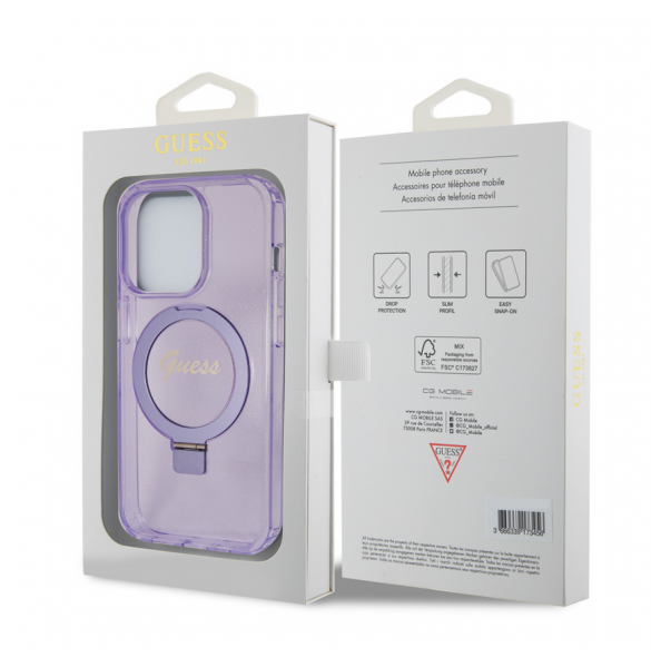 Iphone 15 Pro Guess - Iml Ringställfunktion Magsafe-fodral Med Glitter - Lila