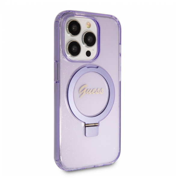 Iphone 15 Pro Guess - Iml Ringställfunktion Magsafe-fodral Med Glitter - Lila