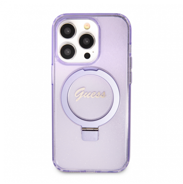 Iphone 15 Pro Guess - Iml Ringställfunktion Magsafe-fodral Med Glitter - Lila