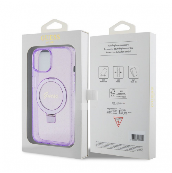 Iphone 15 Plus Guess - Iml Ringställ Funktion Magsafe-fodral Med Glitter - Lila