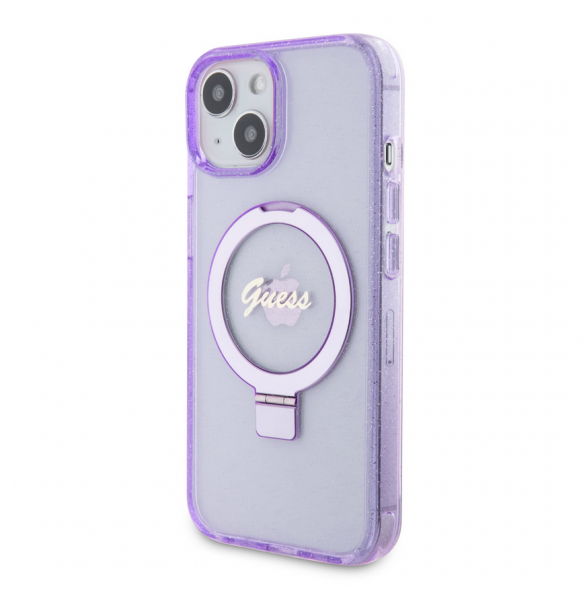 Iphone 15 Guess - Iml Ringställfunktion Magsafe-fodral Med Glitter - Lila