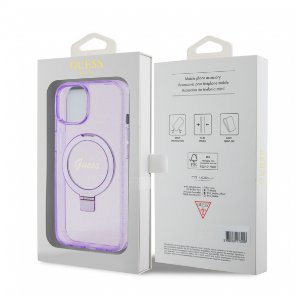 Iphone 15 Guess - Iml Ringställfunktion Magsafe-fodral Med Glitter - Lila