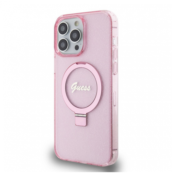 Iphone 15 Pro Max Guess - Iml Ringställfunktion Magsafe-fodral Med Glitter - Rosa