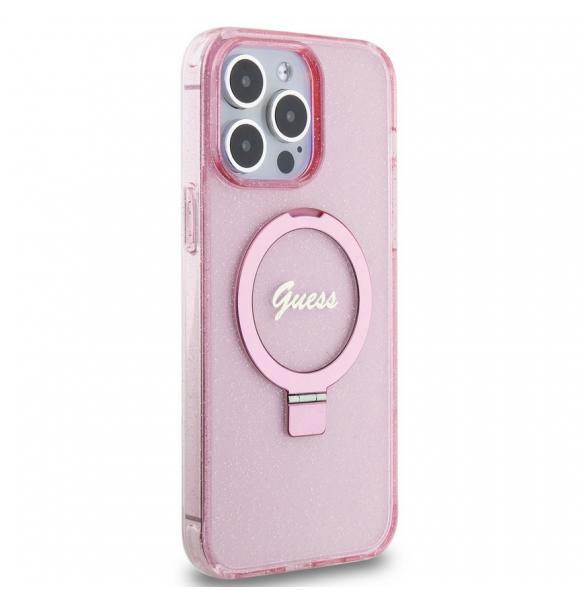 Iphone 15 Pro Guess - Iml Ringställfunktion Magsafe-fodral Med Glitter - Rosa