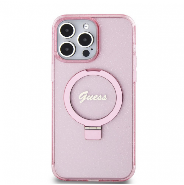 Iphone 15 Pro Guess - Iml Ringställfunktion Magsafe-fodral Med Glitter - Rosa