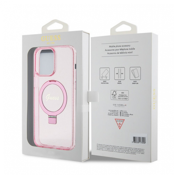 Iphone 15 Pro Guess - Iml Ringställfunktion Magsafe-fodral Med Glitter - Rosa