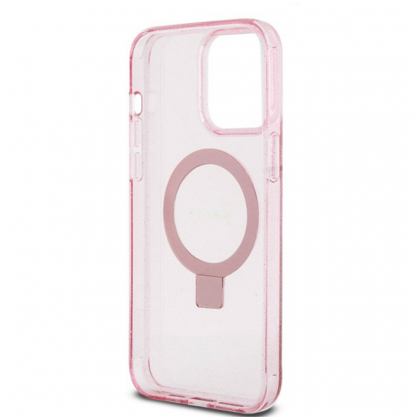 Iphone 15 Pro Guess - Iml Ringställfunktion Magsafe-fodral Med Glitter - Rosa