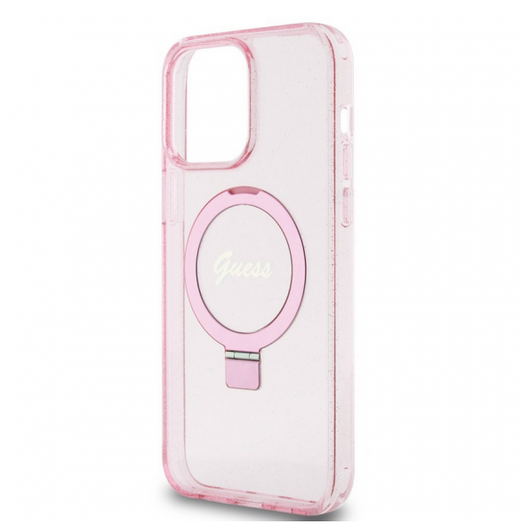 Iphone 15 Pro Guess - Iml Ringställfunktion Magsafe-fodral Med Glitter - Rosa