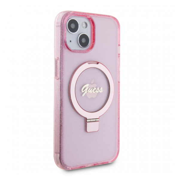 Iphone 15 Guess - Iml Ringställfunktion Magsafe-fodral Med Glitter - Rosa