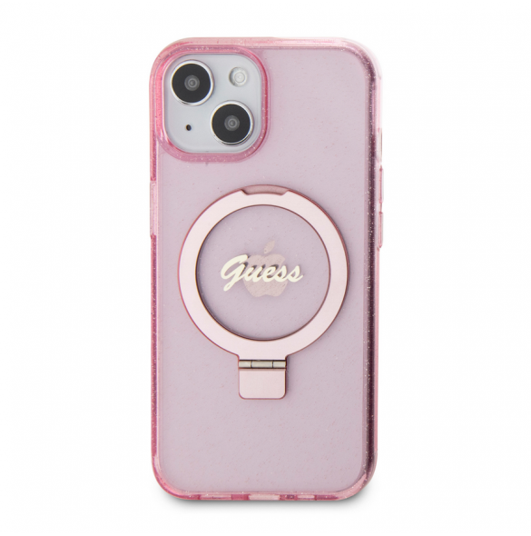 Iphone 15 Guess - Iml Ringställfunktion Magsafe-fodral Med Glitter - Rosa