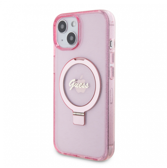 Iphone 15 Guess - Iml Ringställfunktion Magsafe-fodral Med Glitter - Rosa