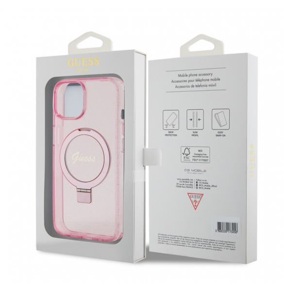 Iphone 15 Guess - Iml Ringställfunktion Magsafe-fodral Med Glitter - Rosa