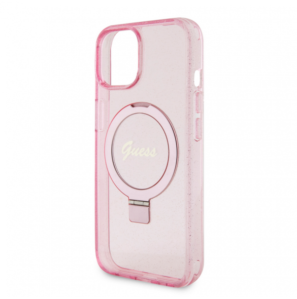 Iphone 15 Guess - Iml Ringställfunktion Magsafe-fodral Med Glitter - Rosa