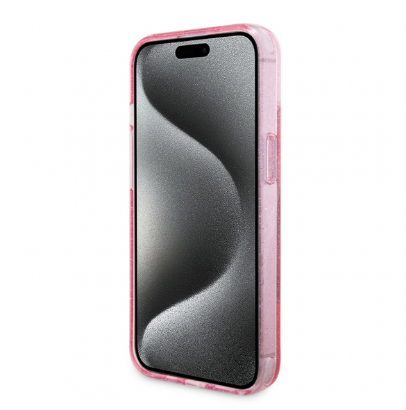 Iphone 15 Guess - Iml Ringställfunktion Magsafe-fodral Med Glitter - Rosa
