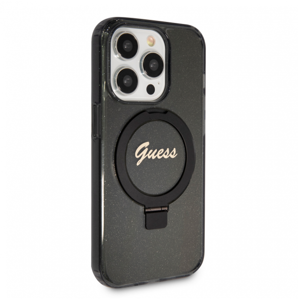 Iphone 15 Pro Guess - Iml Ringställfunktion Magsafe-fodral Med Glitter - Svart