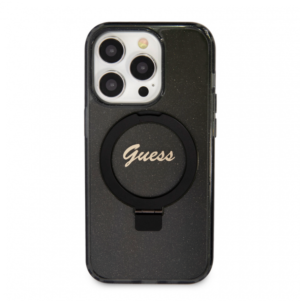 Iphone 15 Pro Guess - Iml Ringställfunktion Magsafe-fodral Med Glitter - Svart