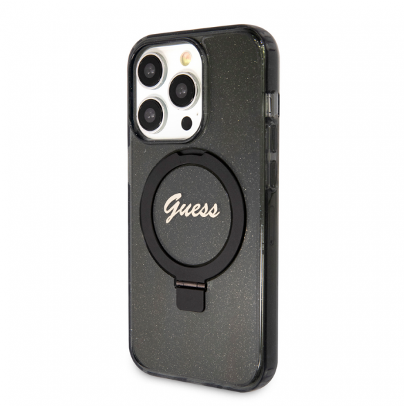 Iphone 15 Pro Guess - Iml Ringställfunktion Magsafe-fodral Med Glitter - Svart