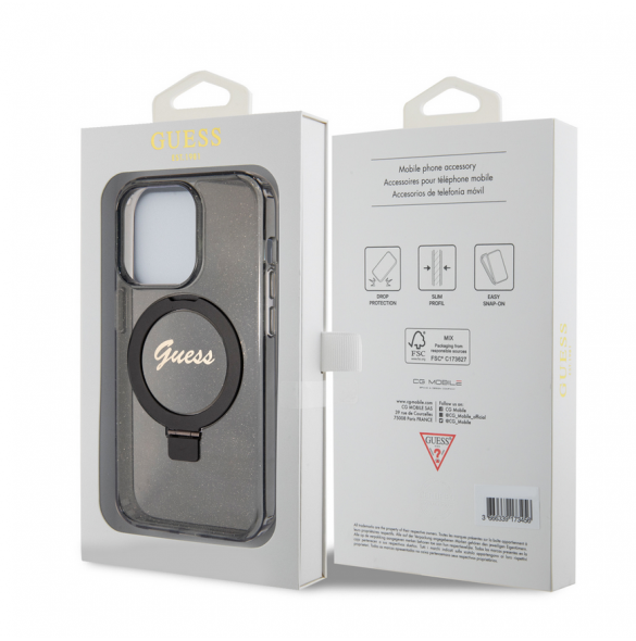 Iphone 15 Pro Guess - Iml Ringställfunktion Magsafe-fodral Med Glitter - Svart