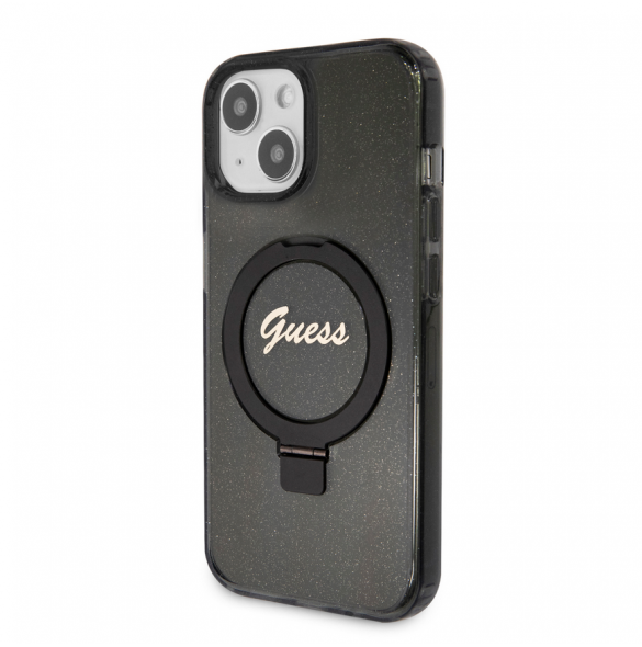 Iphone 15 Guess - Iml Ringställfunktion Magsafe-fodral Med Glitter - Svart