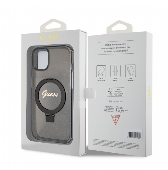 Iphone 15 Guess - Iml Ringställfunktion Magsafe-fodral Med Glitter - Svart