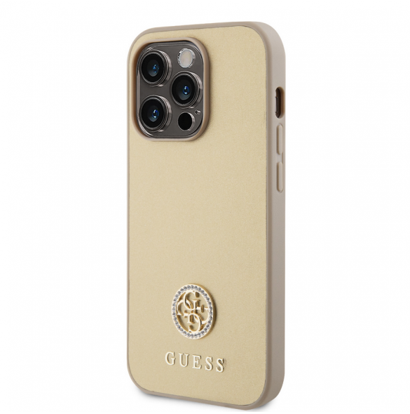 Iphone 15 Pro Max Guess Pu Läder 4g Rund Metalllogo Med Strass - Guld
