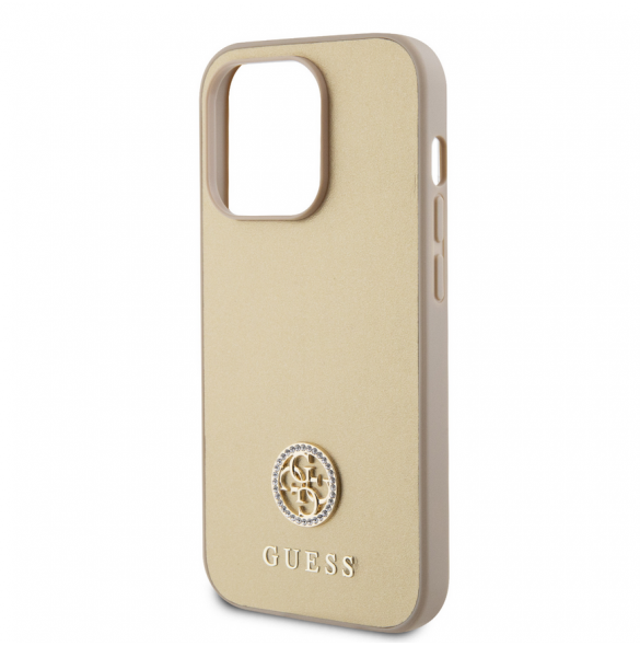 Iphone 15 Pro Max Guess Pu Läder 4g Rund Metalllogo Med Strass - Guld