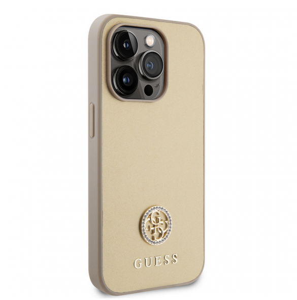Iphone 15 Pro Max Guess Pu Läder 4g Rund Metalllogo Med Strass - Guld