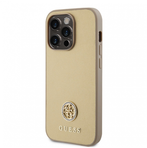 Iphone 15 Pro Guess Pu Läder 4g Rund Metalllogo Med Strass - Guld