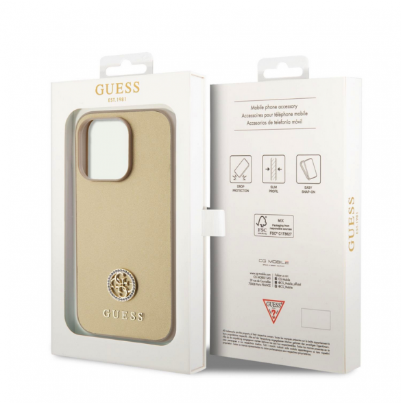 Iphone 15 Pro Guess Pu Läder 4g Rund Metalllogo Med Strass - Guld