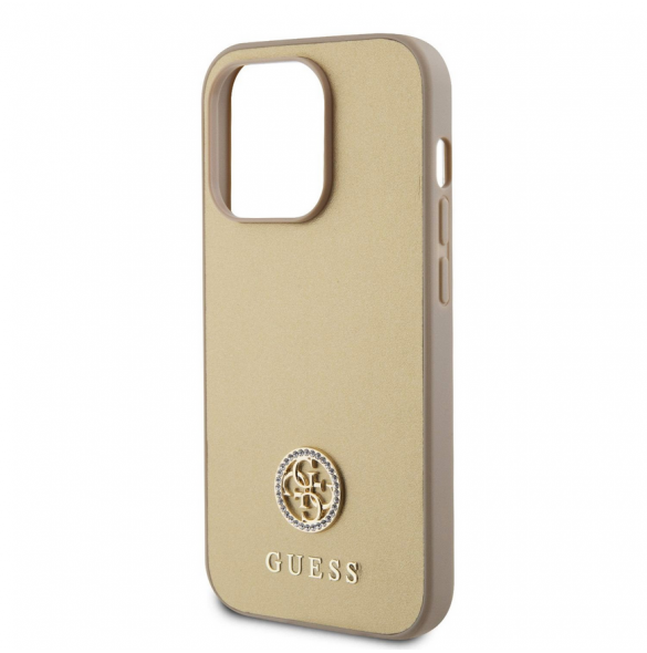 Iphone 15 Pro Guess Pu Läder 4g Rund Metalllogo Med Strass - Guld