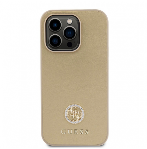 Iphone 15 Pro Guess Pu Läder 4g Rund Metalllogo Med Strass - Guld