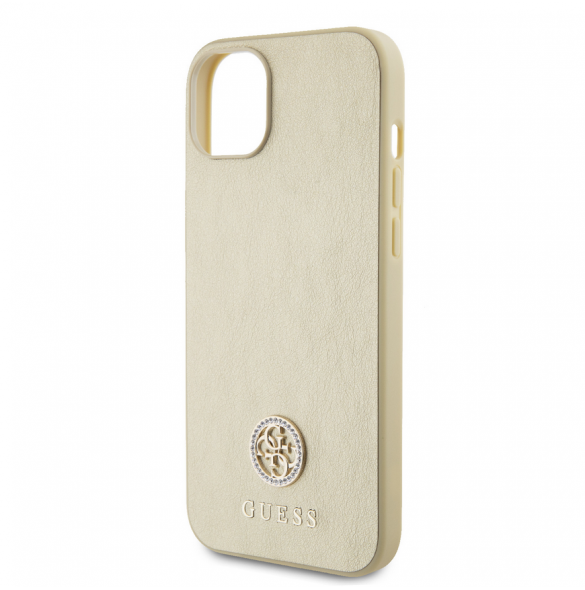 Iphone 15 Guess Pu Läder 4g Rund Metalllogo Med Strass - Guld