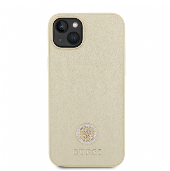 Iphone 15 Guess Pu Läder 4g Rund Metalllogo Med Strass - Guld