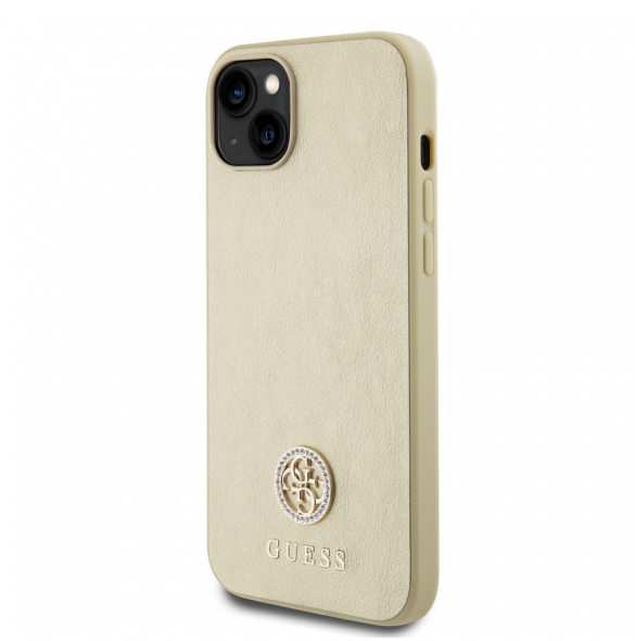 Iphone 15 Guess Pu Läder 4g Rund Metalllogo Med Strass - Guld