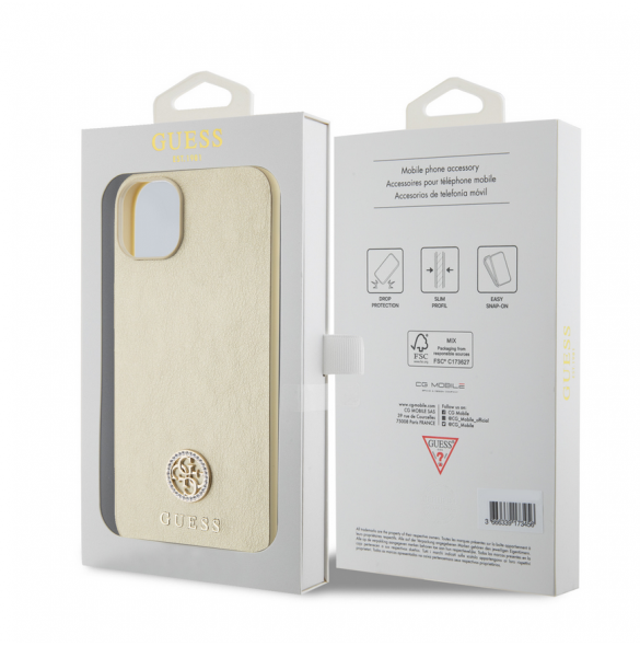 Iphone 15 Guess Pu Läder 4g Rund Metalllogo Med Strass - Guld