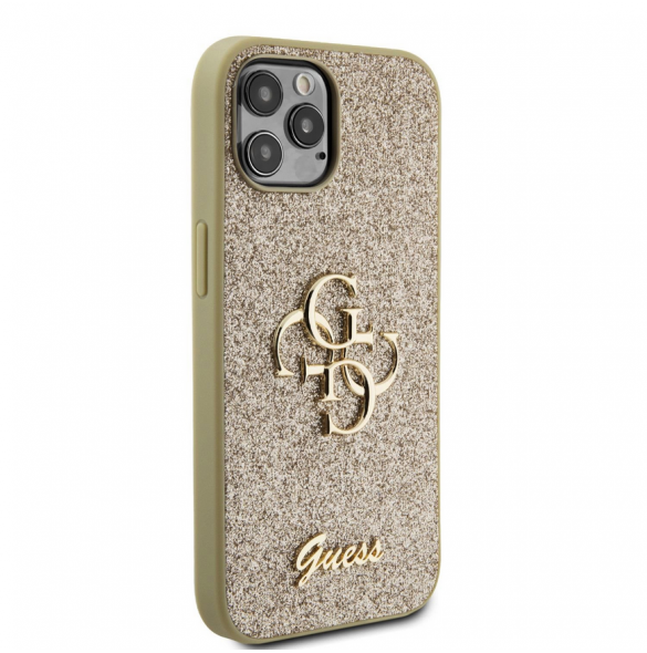 Iphone 12 / 12 Pro Guess - Pu-fodral Fast Glitter Med Stor 4g Metalllogo - Guld