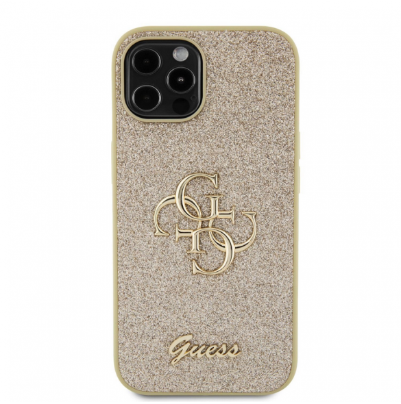 Iphone 12 / 12 Pro Guess - Pu-fodral Fast Glitter Med Stor 4g Metalllogo - Guld