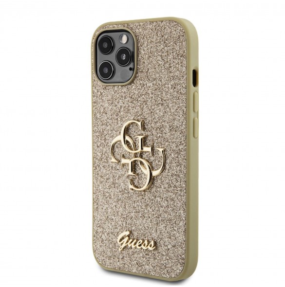 Iphone 12 / 12 Pro Guess - Pu-fodral Fast Glitter Med Stor 4g Metalllogo - Guld
