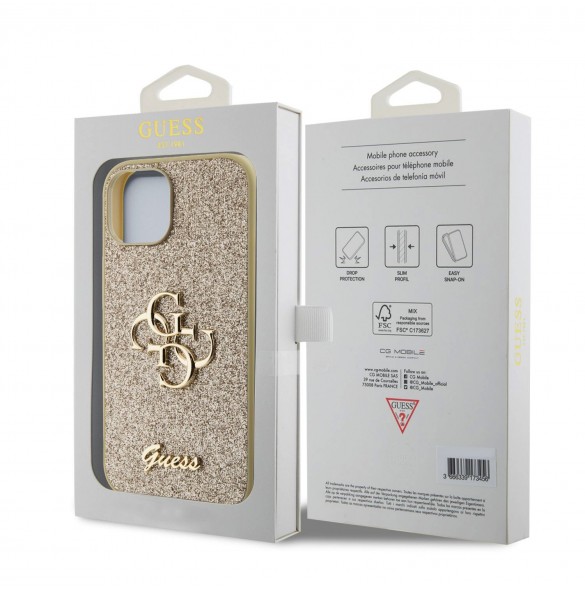 Iphone 12 / 12 Pro Guess - Pu-fodral Fast Glitter Med Stor 4g Metalllogo - Guld