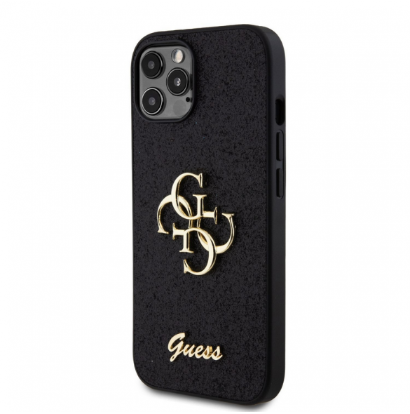 Iphone 12 / 12 Pro-guess - Pu-fodral Fast Glitter Med Stor 4g Metalllogo - Svart