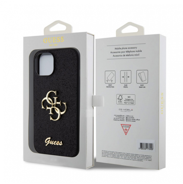 Iphone 12 / 12 Pro-guess - Pu-fodral Fast Glitter Med Stor 4g Metalllogo - Svart