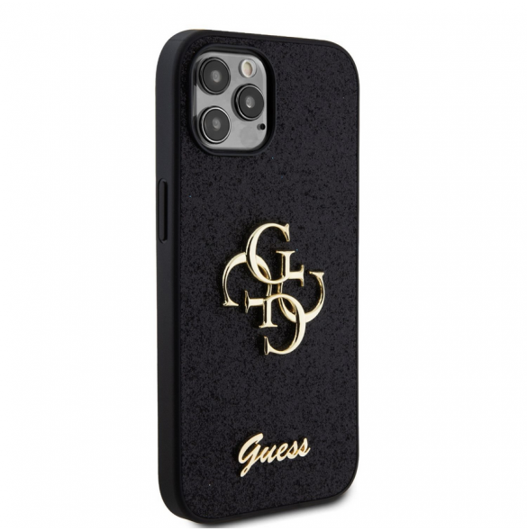 Iphone 12 / 12 Pro-guess - Pu-fodral Fast Glitter Med Stor 4g Metalllogo - Svart
