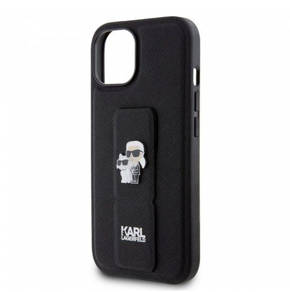 Iphone 15 Karl Lagerfeld - Gripställ Fodral Saffiano Med Metalllogo Karl Och Choupette - Svart
